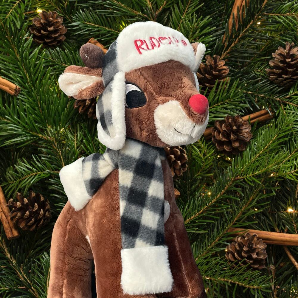 Dan Dee Rudolph the Red Nosed Reindeer Plush 12” Scarf Hat Brown Stuffed Animal